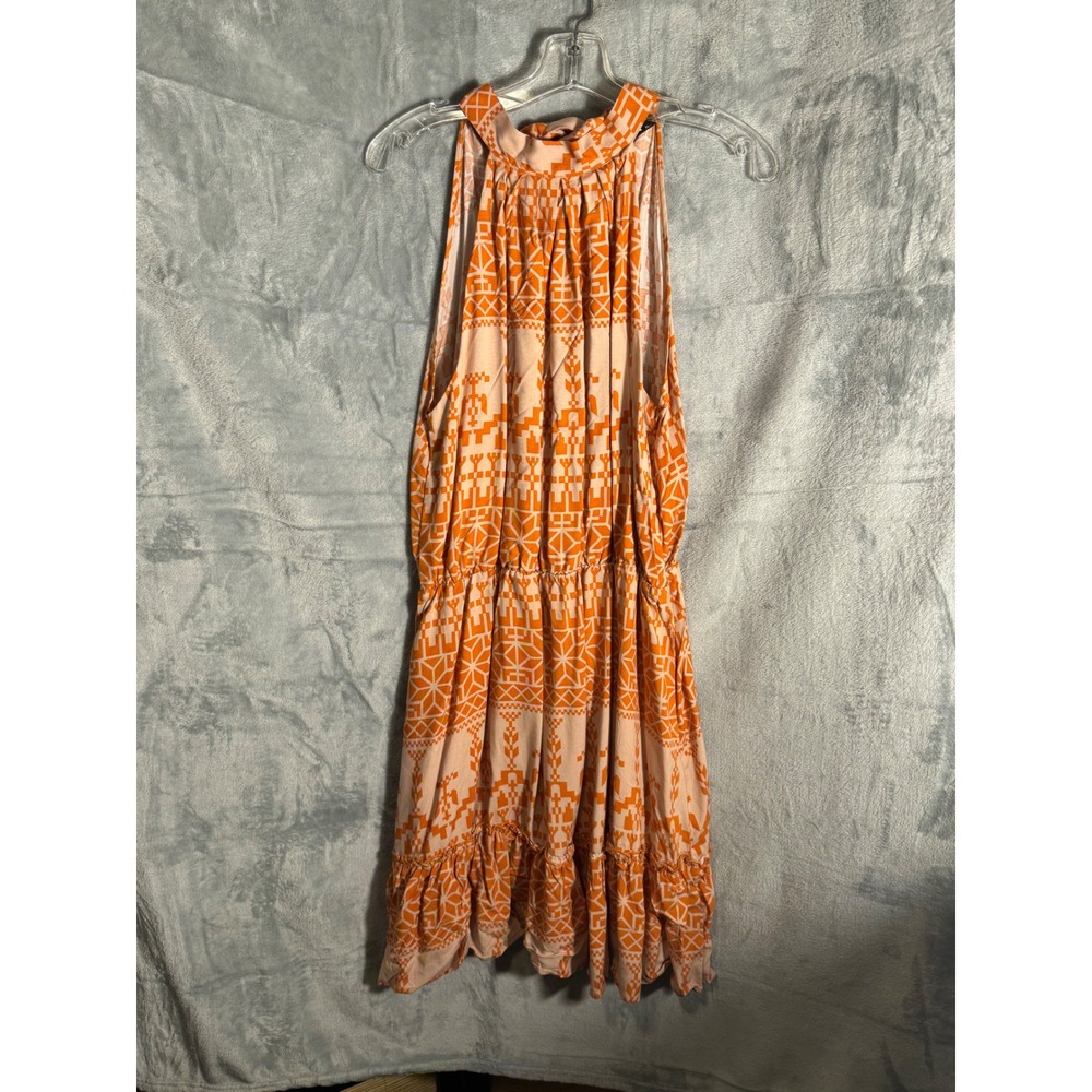 BTFBM Womens Orange Geometric Halter Neck Ruffle Hem Mini Dress XL Boho Summer